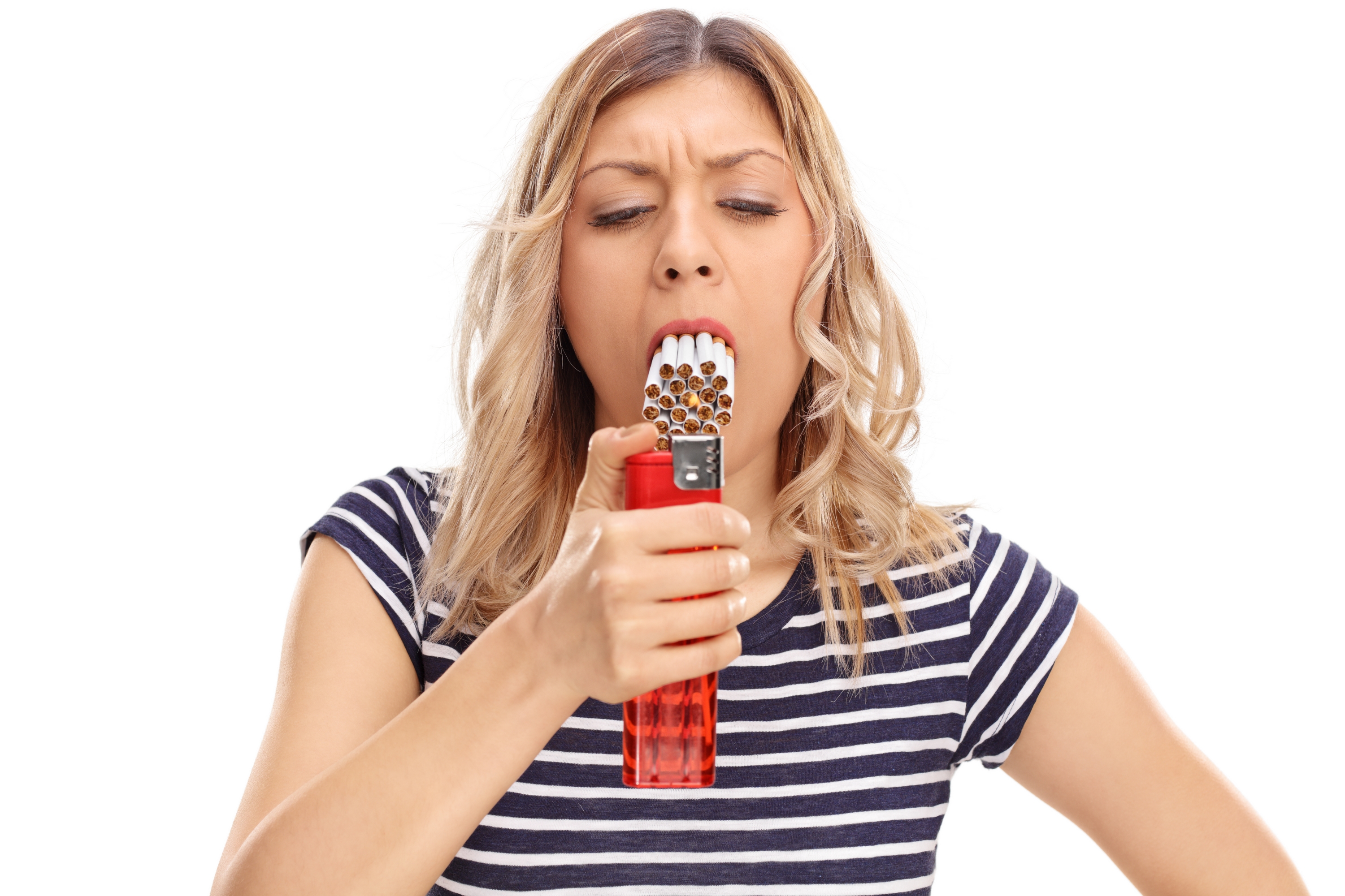 Woman lighting up a bunch of cigarettes American First Responder